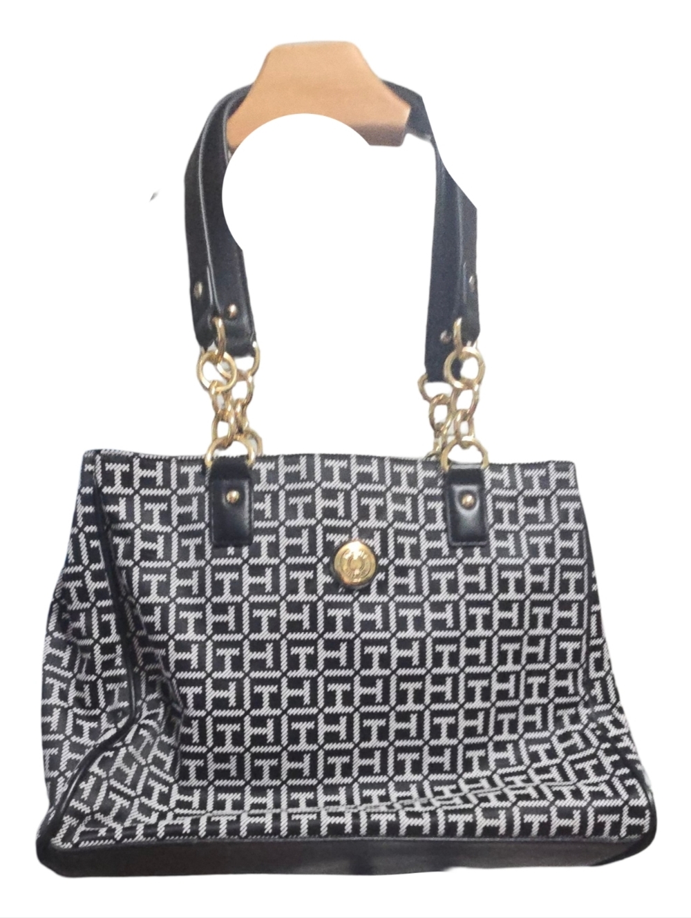 Tommy Hilfiger Black & White Geometric Logo Tote with Gold Hardware